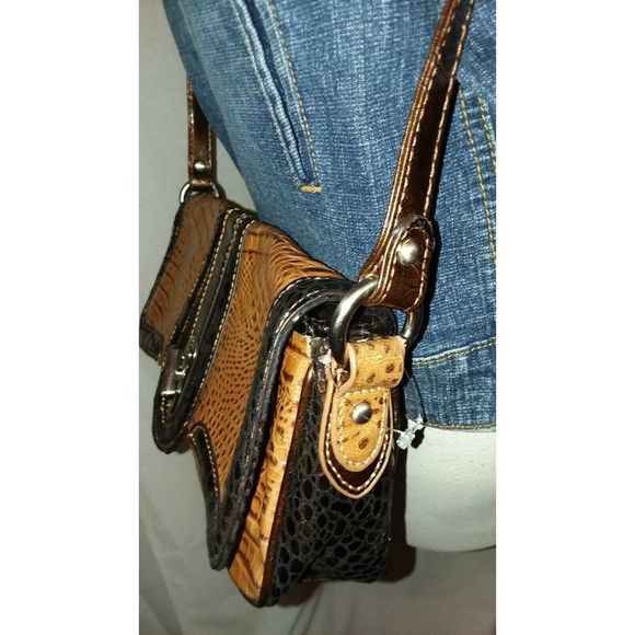 M.C. Marc Chantal Purse 2Tone Brown CROCO Leather Western Crossbody Shoulder Bag - Picture 4 of 9
